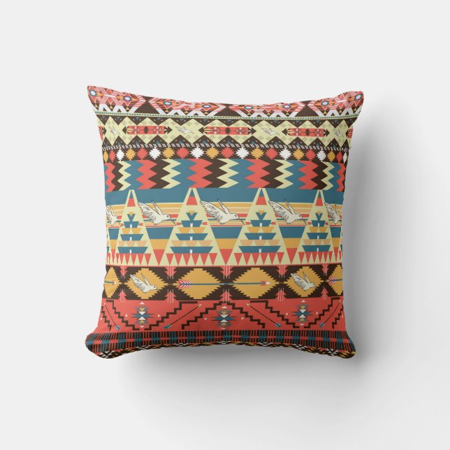 Colourful Aztec: birds, flowers pattern. Cushion (Front)