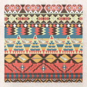 Colourful Aztec: birds, flowers pattern. Glass Coaster