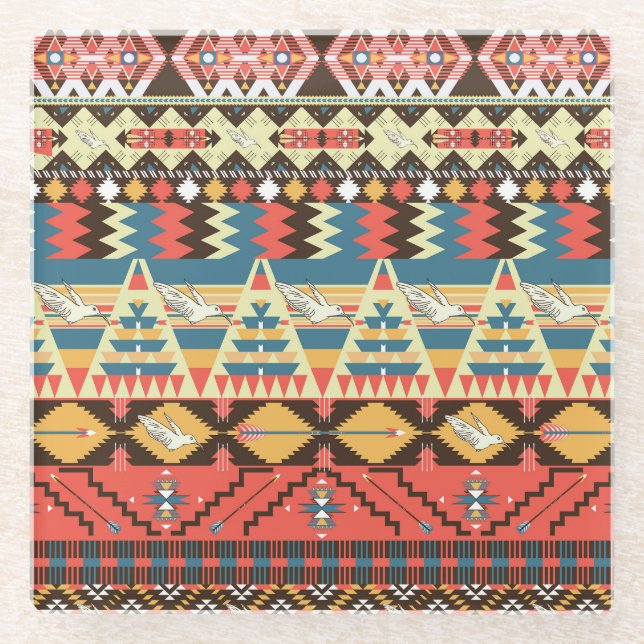 Colourful Aztec: birds, flowers pattern. Glass Coaster (Front)