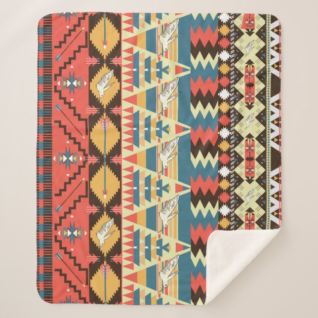 Colourful Aztec: birds, flowers pattern. Sherpa Blanket (Front)