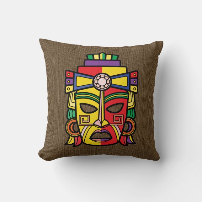 Colourful Aztec Inca Mayan Mask Cushion (Front)