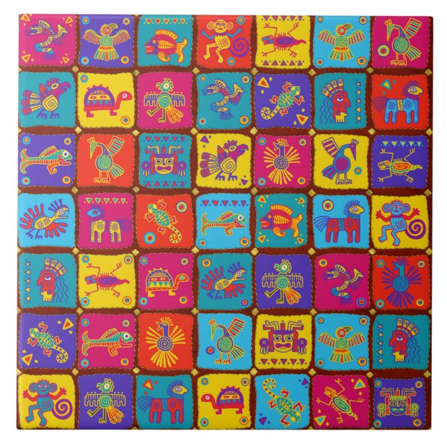 Colourful Aztec Mexican Animals 1 Tile (Front)