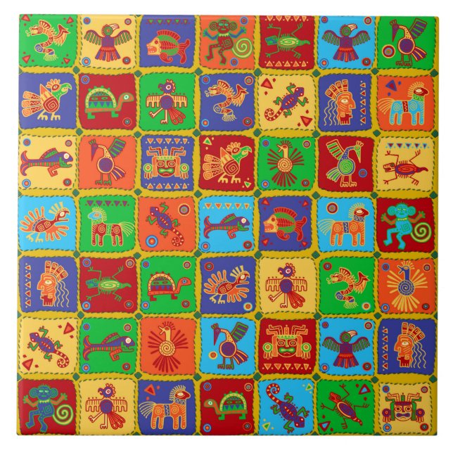 Colourful Aztec Mexican Animals Tile (Front)