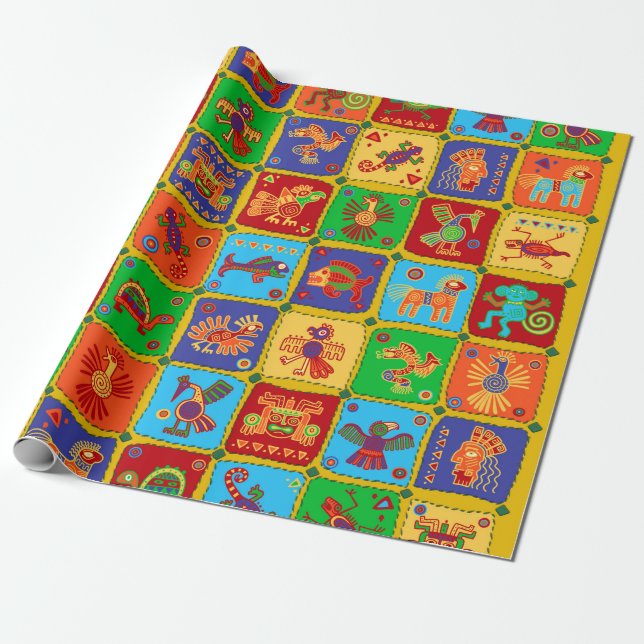 Colourful Aztec Mexican Animals Wrapping Paper (Unrolled)