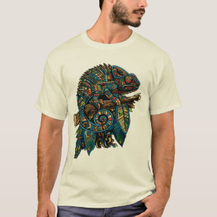 Colourful Aztec Mosaic Chameleon on Branch Leaves T-Shirt