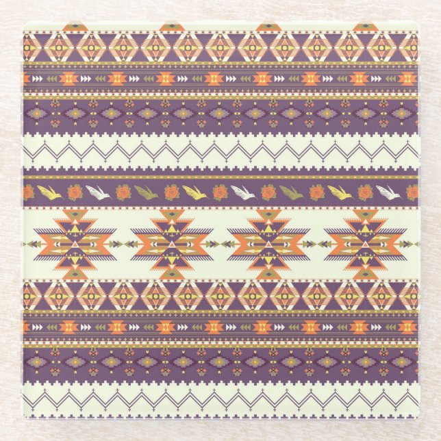 Colourful aztec pattern glass coaster (Front)