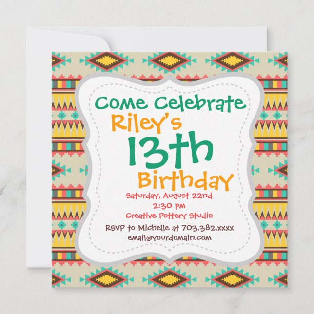 Colourful Aztec Tribal Native American Diamonds Invitation (Front)