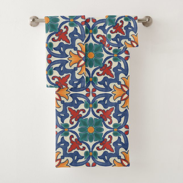 Colourful Azulejos Pattern Bath Towel Set (Insitu)