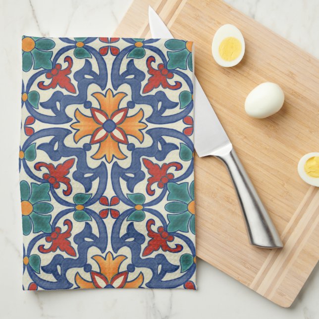 Colourful Azulejos Pattern  Kitchen Towel (Quarter Fold)