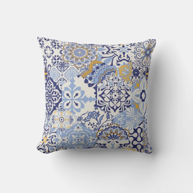 Colourful Azulejos tiles: hand-drawn pattern. Cushion (Front)