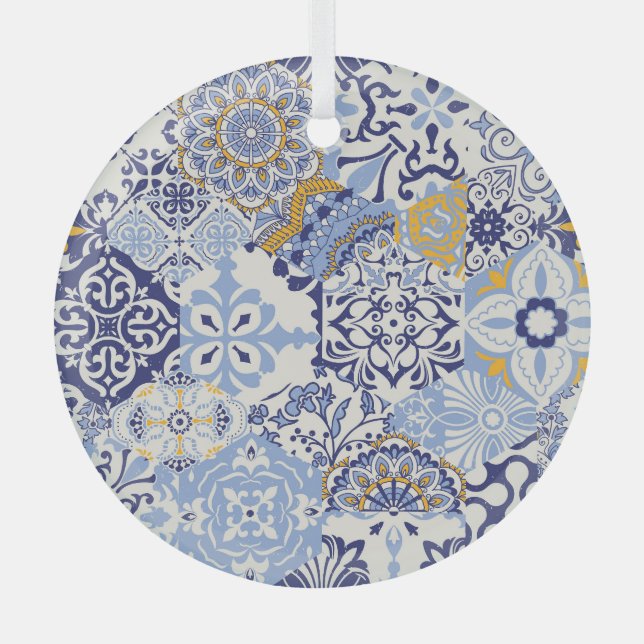Colourful Azulejos tiles: hand-drawn pattern. Glass Tree Decoration (Front)