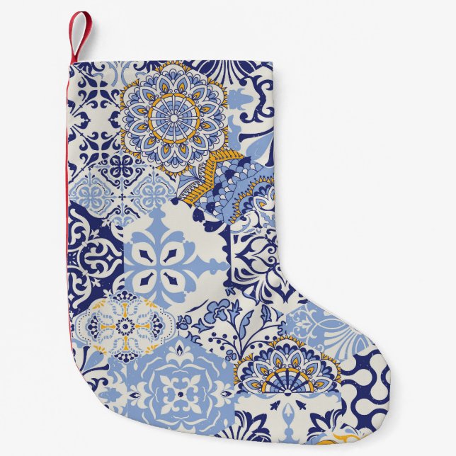 Colourful Azulejos tiles: hand-drawn pattern. Small Christmas Stocking (Front)