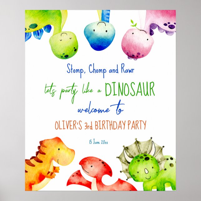 Colourful baby dinosaurs birthday welcome sign (Front)