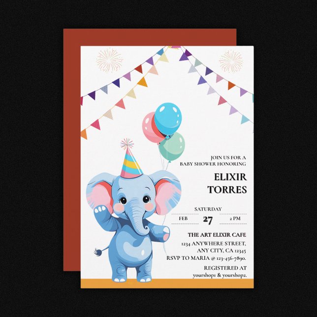 Colourful Baby Elephant with Balloons Baby Shower Invitation (Creator Uploaded)
