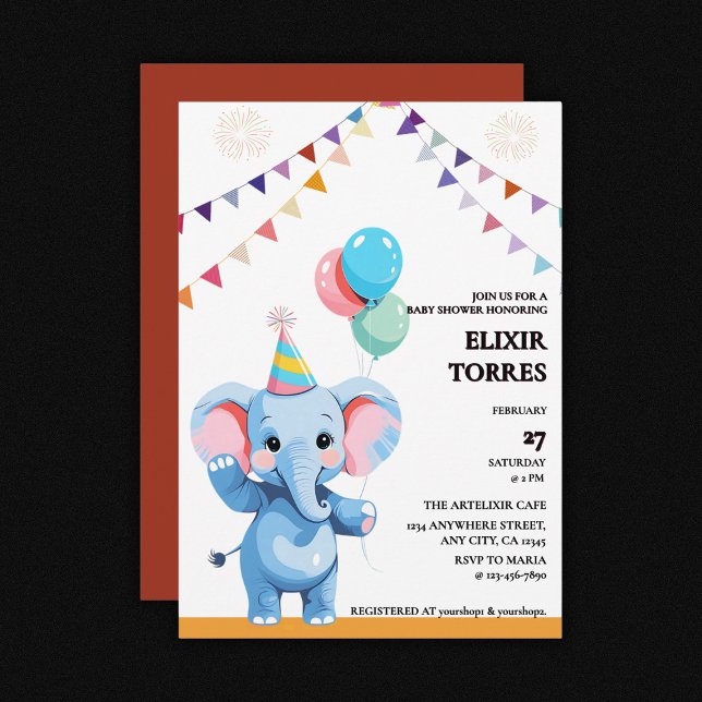 Colourful Baby Elephant with Balloons Baby Shower Invitation (Creator Uploaded)