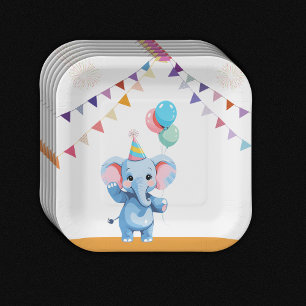 Colourful Baby Elephant with Balloons Baby Shower Paper Plate