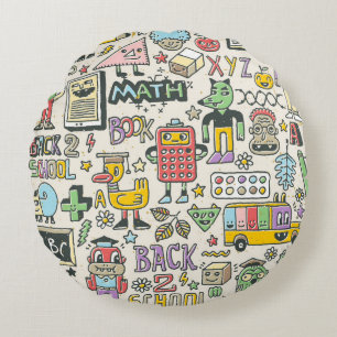 Colourful back to school doodles round cushion