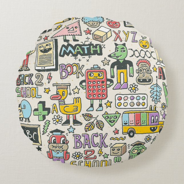 Colourful back to school doodles round cushion (Front)