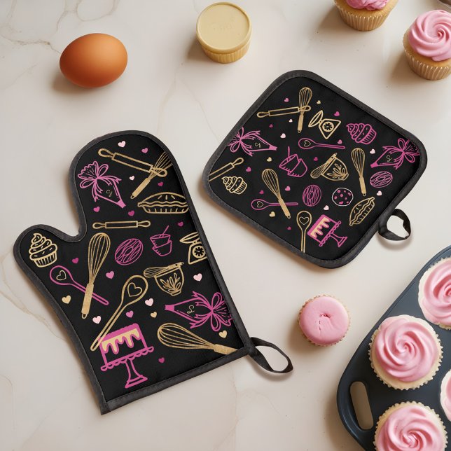 Colourful Baking & Cooking Utensil Black Gold Pink Oven Mitt & Pot Holder Set (Colorful Baking & Cooking Utensil Black Gold Pink Oven Mitt & Pot Holder Set)