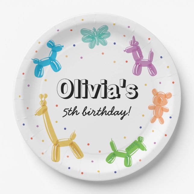 Colourful Balloon Animals Birthday Party Paper Plate (Front)