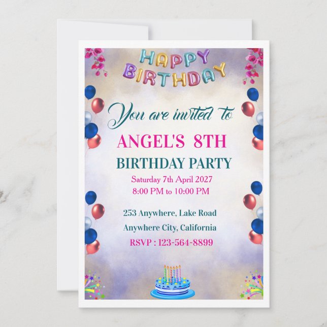 Colourful Balloon Birthday Party Invitations (Front)