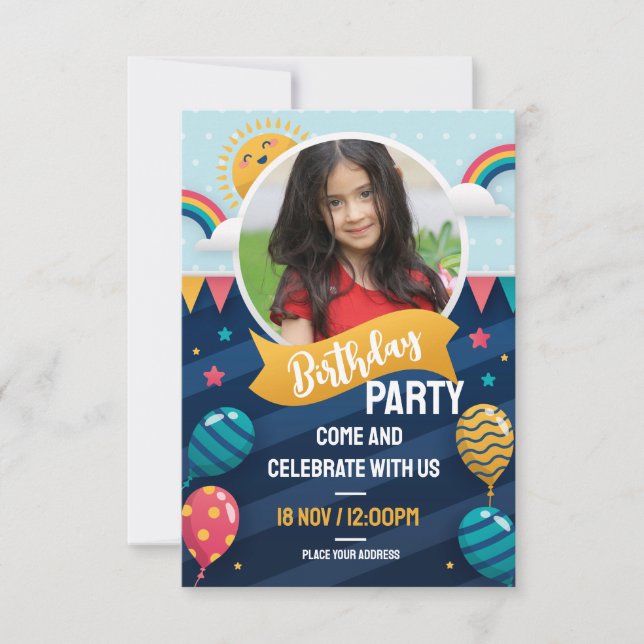 Colourful Balloon Blue Themed Birthday Invitation (Front)