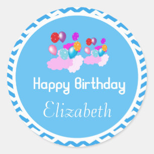 colourful balloon happy birthday blue chevron classic round sticker