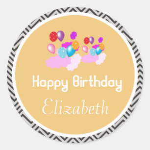 colourful balloon happy birthday yellow chevron classic round sticker