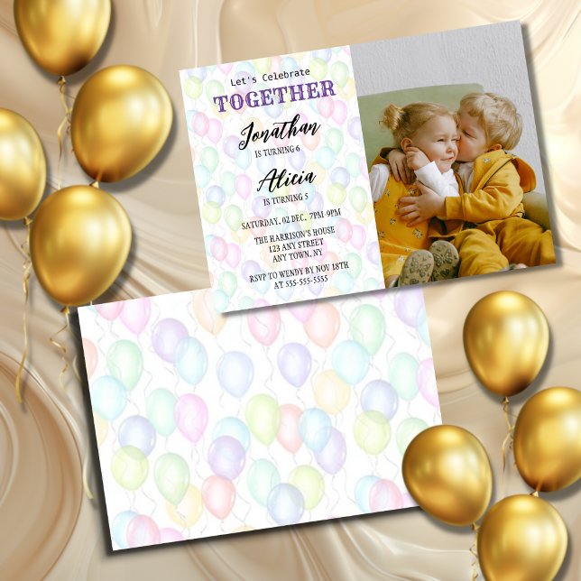 Colourful Balloon Photo Joint Birthday Party Invitation (Creator Uploaded)