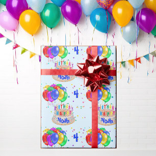Colourful Balloons Add NAME to Cake Boy's Birthday Wrapping Paper
