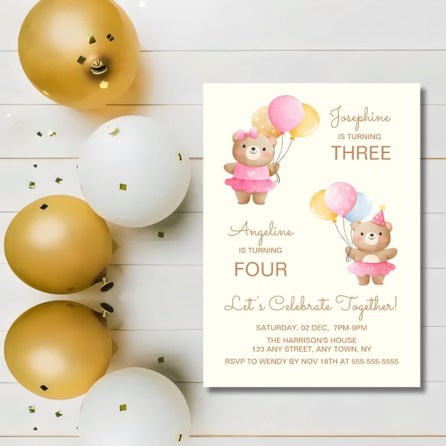 Colourful Balloons Bear Girls Joint Birthday  Invitation (Creator Uploaded)