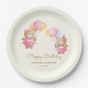 Colourful Balloons Bear Girls Joint Birthday  Paper Plate