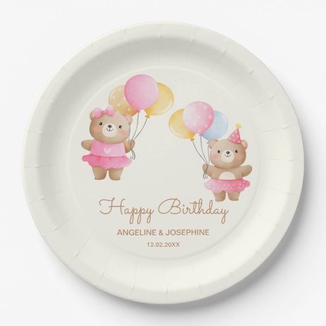Colourful Balloons Bear Girls Joint Birthday  Paper Plate (Front)