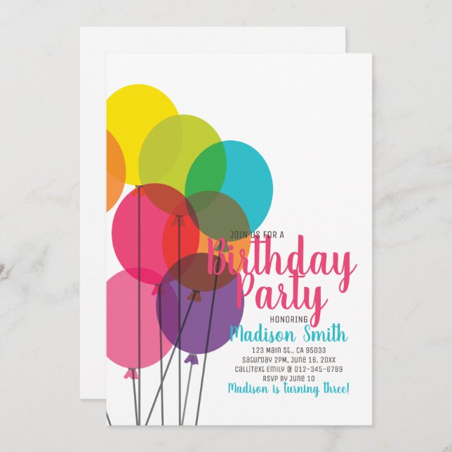 Colourful Balloons Birthday Invitation (Front/Back)