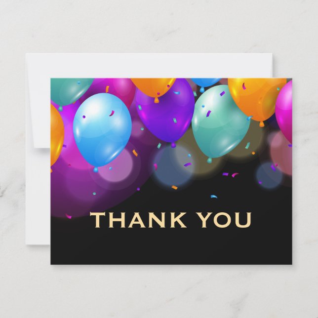 Colourful Balloons Black and Gold Confetti Thank You Card (Front)