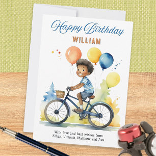 Colourful Balloons Boy On Bicycle Happy Birthday Card