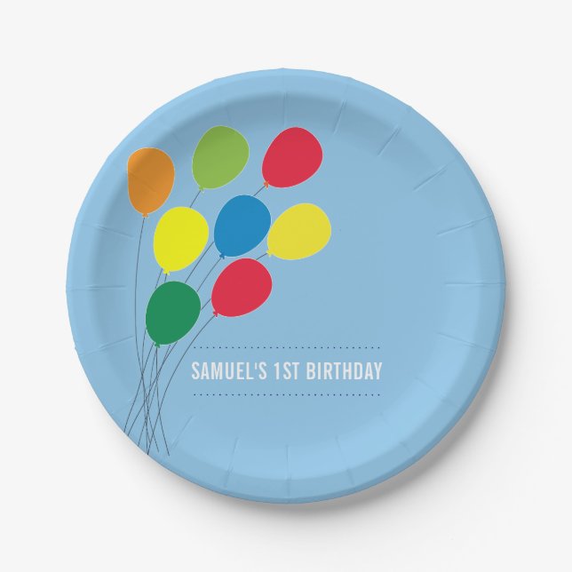 Colourful Balloons Boy's 1st Birthday Party Paper Plate (Front)