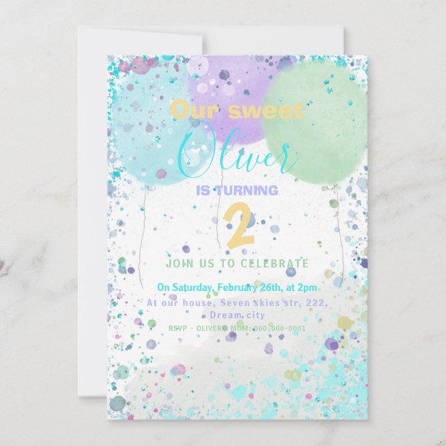 Colourful balloons boy's birthday party invitation (Front)