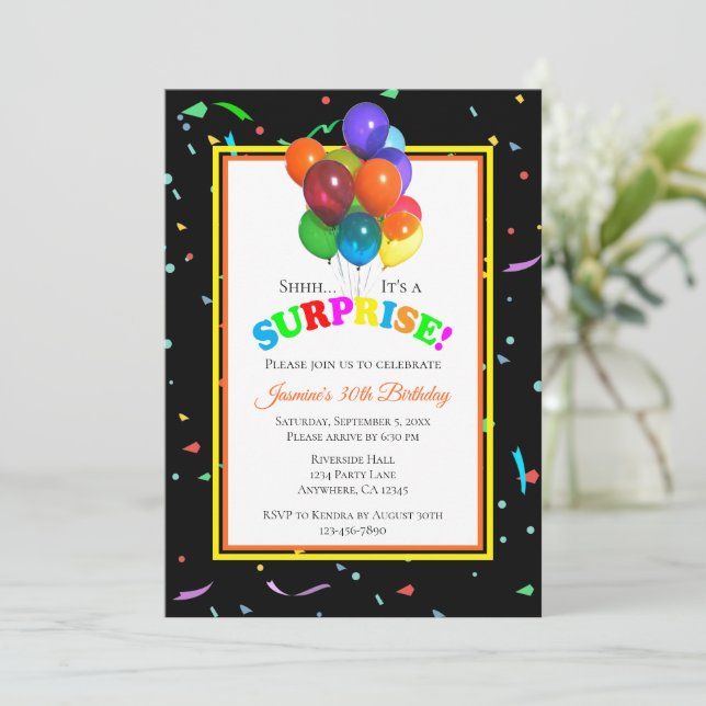 Colourful Balloons & Confetti | Surprise Party Invitation (Standing Front)