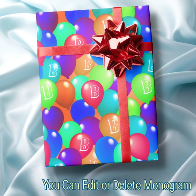 Colourful Balloons Custom Monogram Happy Joyful Fu Wrapping Paper (Creator Uploaded)