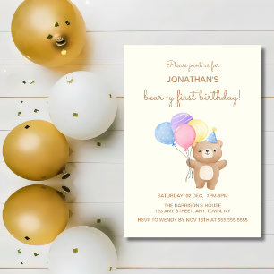 Colourful Balloons Cute Bear Boy Birthday  Invitation