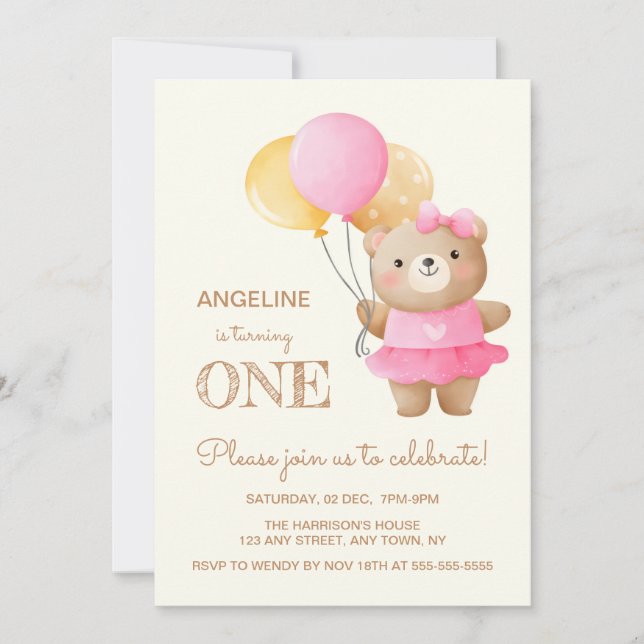 Colourful Balloons Cute Bear Girl 1st Birthday  Invitation (Front)