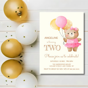 Colourful Balloons Cute Bear Girl 2nd Birthday  Invitation