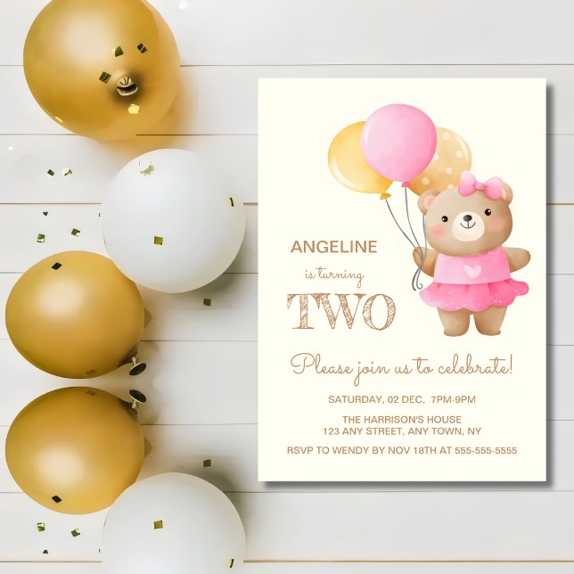 Colourful Balloons Cute Bear Girl 2nd Birthday  Invitation (Creator Uploaded)