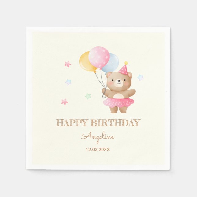 Colourful Balloons Cute Bear Girl Birthday  Napkin (Front)