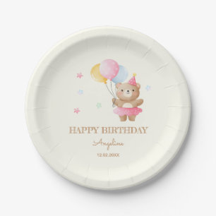 Colourful Balloons Cute Bear Girl Birthday Paper Plate