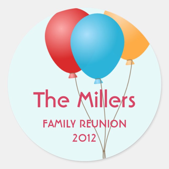 Colourful balloons family reunion party favour lab classic round sticker (Front)