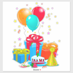 Colourful Balloons, Gift Boxes, and Birthday Cake