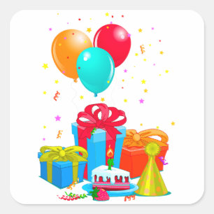 Colourful Balloons, Gift Boxes, and Birthday Cake Square Sticker