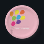 Colourful Balloons Girls 1st Birthday Party Paper Plate<br><div class="desc">This cute girls birthday party paper plate features a graphic of a bouquet of multicolored balloons waving in the wind. The background is a soft pink which makes it perfect for a little girl's birthday.</div>